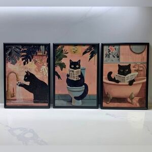 Framed Black Cat Bathroom Art Trio Set 20x30cm Framed Cat Bathroom Decor Fram
